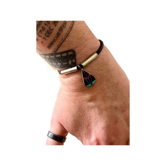 Sterling Onyx Turquoise Coral Native American Bracelet, Vintage Zuni Signed - Picture 7 of 7